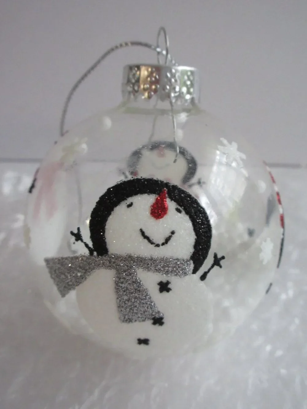 Bronner's Snowmen on Clear Glass Christmas Ornament G&L Cap Faux Snow Beads
